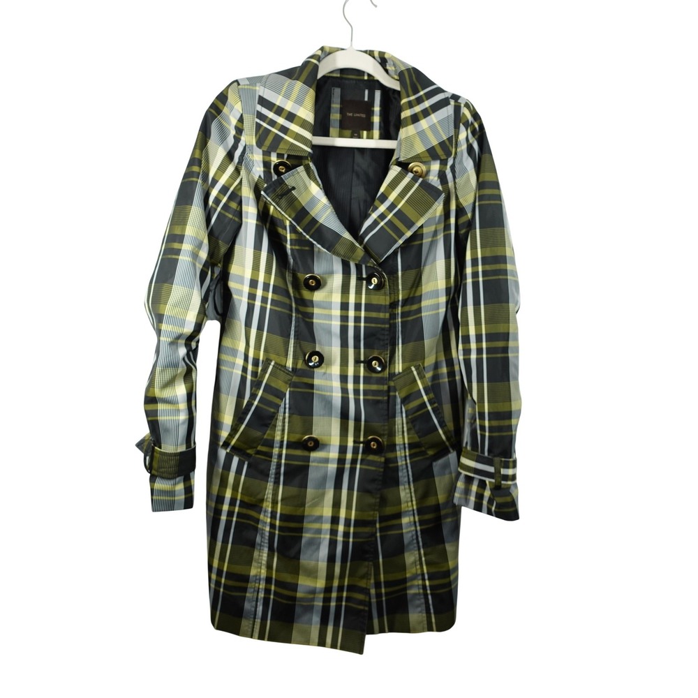 The Limited Coat Womens XS Multicolor Plaid Double Breasted Trench Mid Length